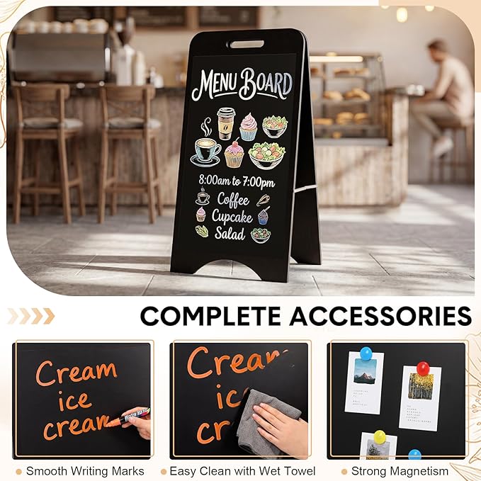 A Frame Chalkboard Sign Sandwich Magnetic Chalkboard Double Sided Sidewalk Signs with Markers Foldable Blackboard Menu Display for Weddings Restaurant Business (Black,15 x 30 Inches)