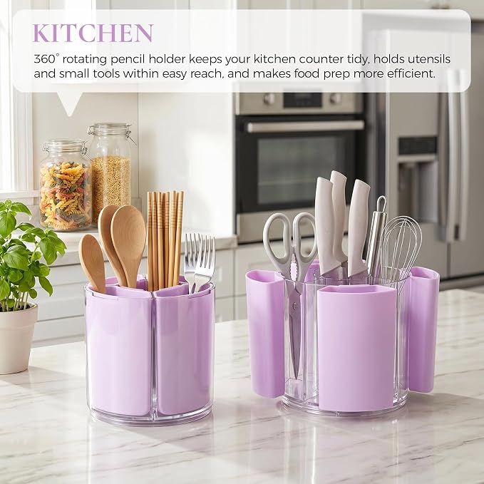 KONVINIT Purple Pen Holder for Desk, 5 Slots 360° Rotating Pen Organizer, Cute Desk Organizers and Accessories for School, Home, Office and Art Supply