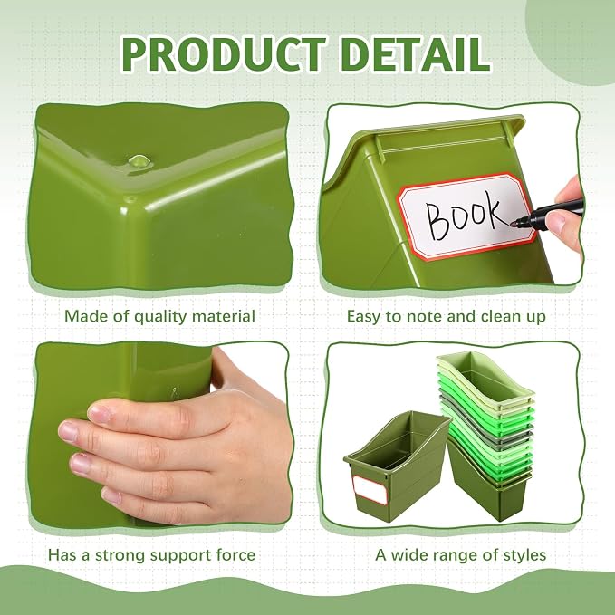 Teling 12 Pcs Book Bins Bulk - Plastic Book Storage Bin with Labels for Classroom Interlocking Magazine Holder Organizer Binder Container Box for School Office Desktop Bookshelf Home (Gradient Green)