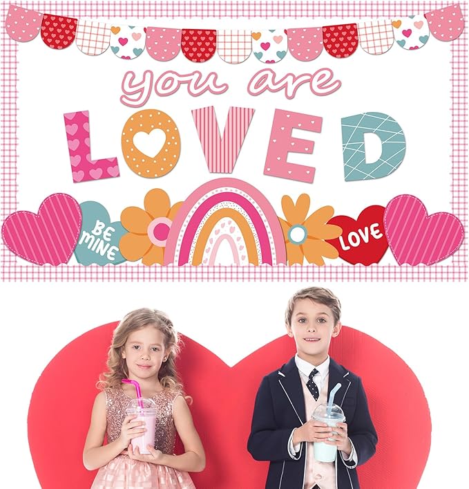 Valentine's Day Bulletin Board Set Valentines Classroom Decoration You are Loved Bulletin Board Borders Valentine's Day Rainbow Loved Heart Cutouts for Holiday School Office Chalkboard Wall Door Decor