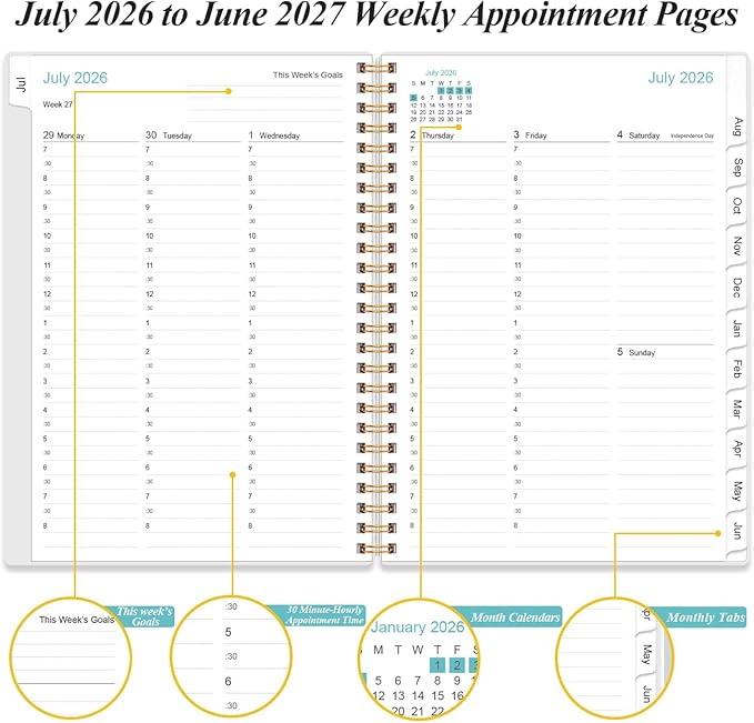 2026-2027 Appointment Book & Planner - 2026-2027 Daily Hourly Planner from July 2026 - June 2027, Weekly Appointment Book with 30-Minute Interval, Medium 6.4" x 8.5", Blue Leaf Flower