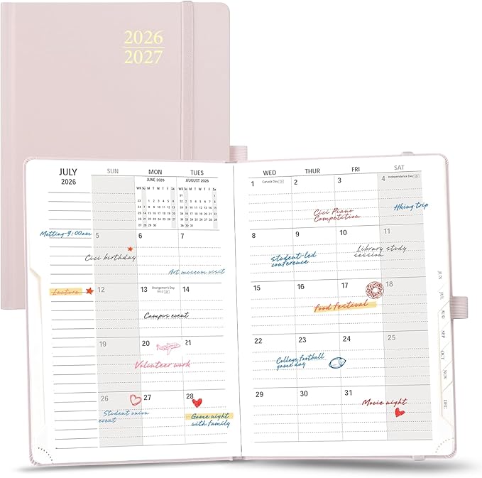 POPRUN Monthly Planner 2026-2027, 6.25" x 8.5", 18 Month (Jul 2026 - Dec 2027) Calendar Book, Academic Calendar Planner with Monthly Tabs, Inner Pocket, Hard Cover, 100GSM Paper - Light Pink