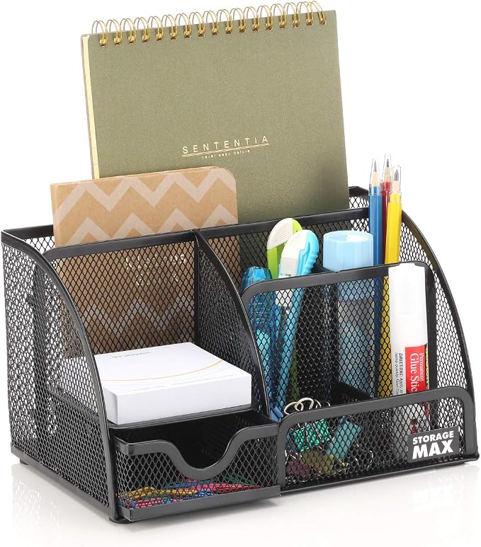Desk Organizer with Drawer, Desktop Wire Mesh Sorter with 6 Compartments for Pens, Pencils and Letters. Black