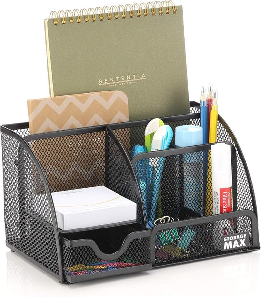 Desk Organizer with Drawer, Desktop Wire Mesh Sorter with 6 Compartments for Pens, Pencils and Letters. Black