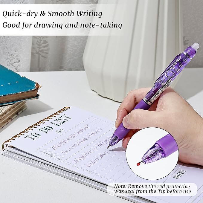 6 Pcs Retractable Erasable Pens, Colored Gel Purple Ink Pens Clicker with Erasers, 0.5mm Fine Point Smooth Writing Pen for Journaling Note-Taking Crossword Puzzles Supplies (Purple)
