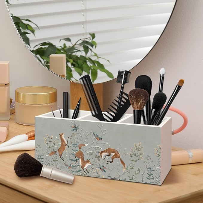 Vintage Fox Wooden Pen Pencil Holder for Desk Accessories, Fox Gifts for Women, Woodland Foxes and Birds Floral Botanical Wood Makeup Brush Toothbrush Holder Organizer for Vanity Bathroom