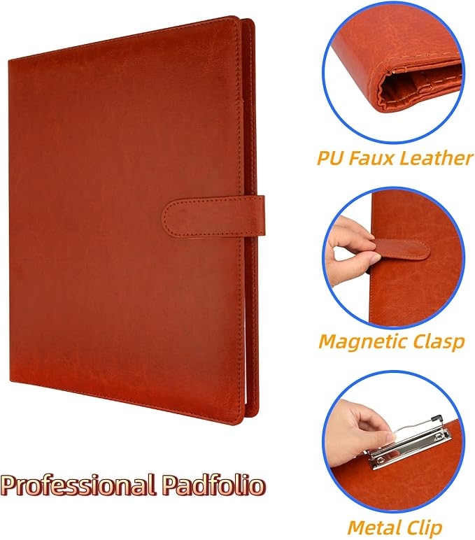 Professional Padfolio with Clipboard,Faux Leather Folder Portfolio Binder for A4 Letter Size Legal Pad, Resume, Notepad for Business Office Conference (Brown)