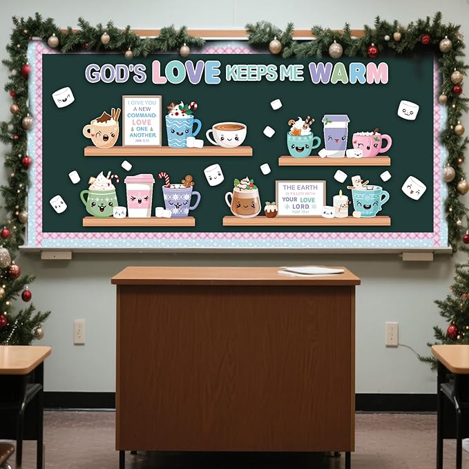 Religious Winter Bulletin Board Set God's Love Keeps Me Warm Classroom Decorations Christian Coffee Hot Cocoa Marshmallow Paper Cutouts for Door Wall Church Home Winter Holiday Supplies
