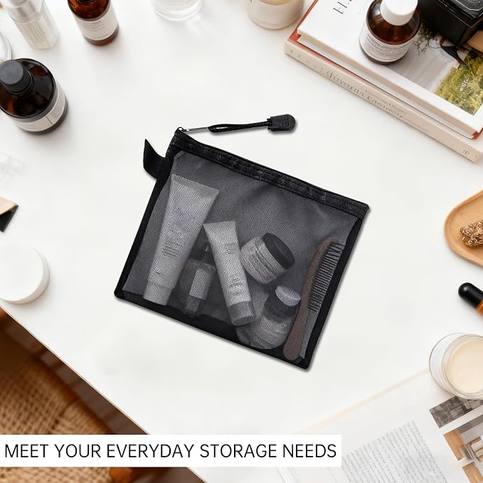 4 Sizes Mesh Pouch, Nylon Mesh Bags With Zipper, Waterproof Clear Purse Organizer Pouches for Travel, Multipurpose Cosmetic Pouch for Office School Puzzles Home Organization - Black