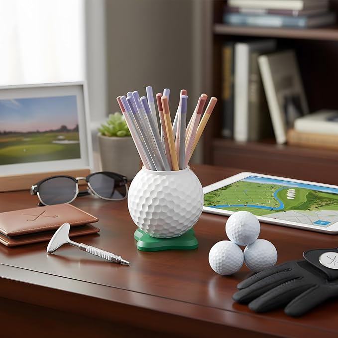 Tenceur Golf Ball Pen Holder for Desk Golf Gifts for Men Dad Father Husband Funny Mini Resin Desktop Accessories with Green Base for Golfer Lover