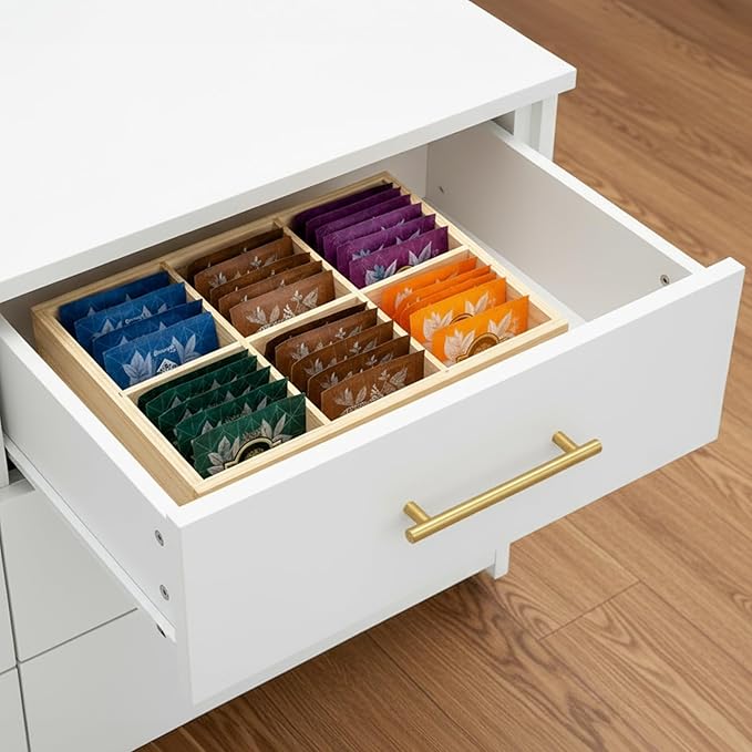 Yopay 4 Pack Wood Organizer Caddy, 6 Compartment Pen Holder Caddy, Stackeble Tea Bag Organizer Sugar Packet Holder for Art Supplies, Makeup Brushes, Phones, Home, Office, Coffee Bar, Desktop