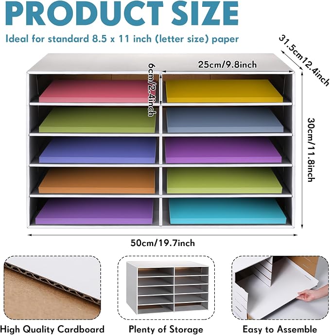 Fuutreo 1 Pcs Classroom Paper Storage Organizer Construction Paper Storage Desktop Mailbox File Sorter Sturdy Cardboard Literature Organizer for Home Office School White 19.7 x 12.4 x 11.8 Inch