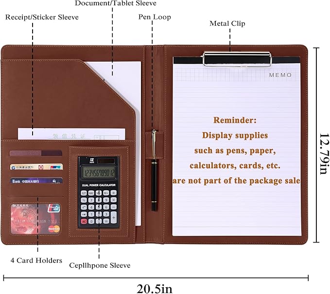 Handsome Padfolio/Resume Portfolio Folder,Interview/Conference Document Organizer & Business Card Holder,A4 Binder Portfolio & Office Conference Notepad clipboard Folder, Brown