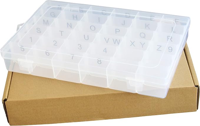 Plastic Organizer Container Box with Adjustable Dividers - 36 Compartments for Letter Board Letters - Stickers Pre Applied to Dividers