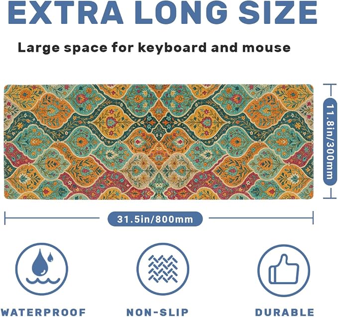 Boho Desk Mat Gaming Mouse Pad Floral Paisley Vintage Retro Carpet Mousepad Computer Keyboard Pad Mouse Mat Laptop Mat 31.5 x 11.8 Mouse Pads for Desk Home Office Gaming