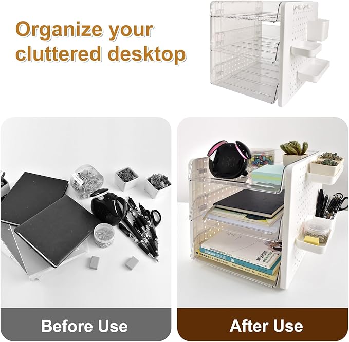 3 Tier Acrylic Desk Organizer,Clear Stackable Desktop Paper Container Letter Tray Shelf with Pen Holder, Pegboard Shelf Office Storage for File Paper, Letter, A4 Office File, Books, Notes