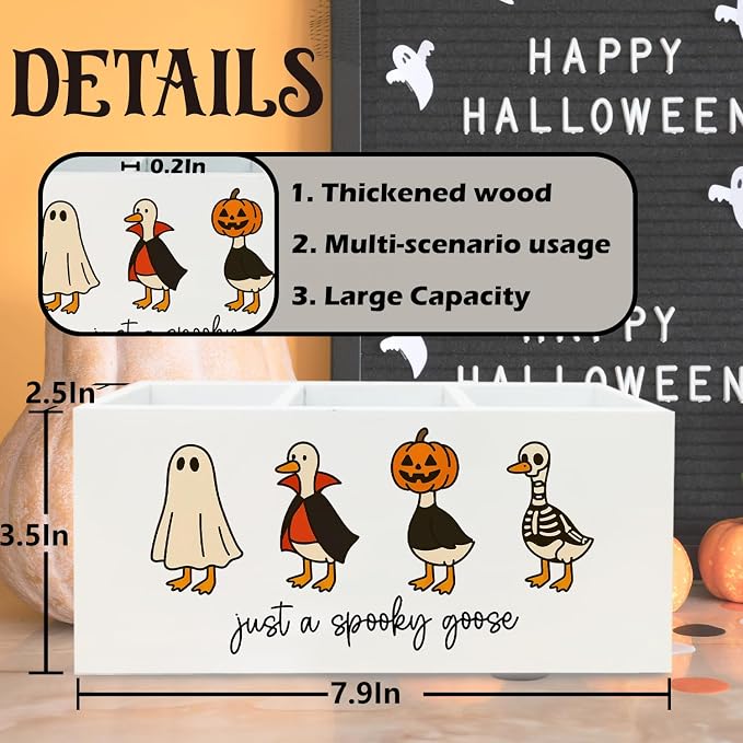 Halloween Gothic Goose Pen Holder for Desk, Spooky Funny Goose Wooden Box Sign Desk Decor for Home Office Decoration, Humorous Silly Geese Pencil Organizer, Gothic Halloween Decor