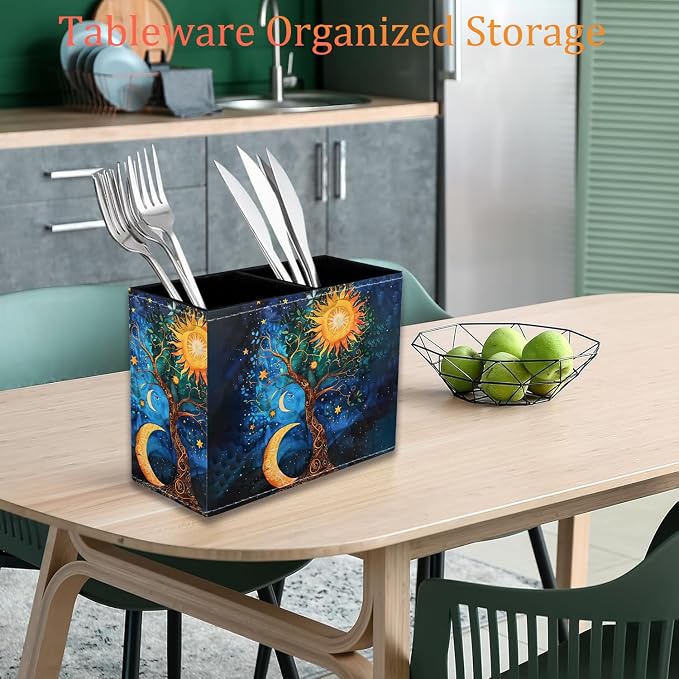 Pen Holder for Desk, PU Leather Multifunctional Desktop Storage Box and Anti-Slip Mouse Pad Set, Makeup Brush Holder Pen Organizer for Office and Home - Sun Moon Stars