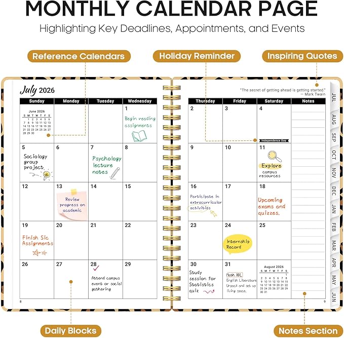 2026–2027 School Year Planner, Weekly and Monthly Academic Agenda, Jul 2026–Jun 2027, Hard Cover Planner with Tabs, 6.3 x 8.5 Inches, Back to School Office Essential - Leopard