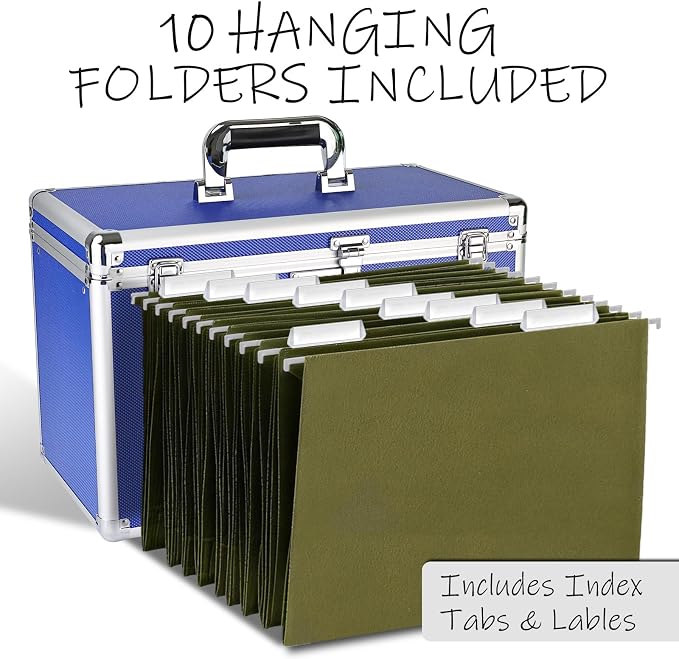 File Storage Cabinet for Legal Size Hanging File Folders, Suspension File Holder, Document Organizer Filing Lockbox in Office and Home with Combination Lock and 10-pack Hanging Files (Blue, Legal)