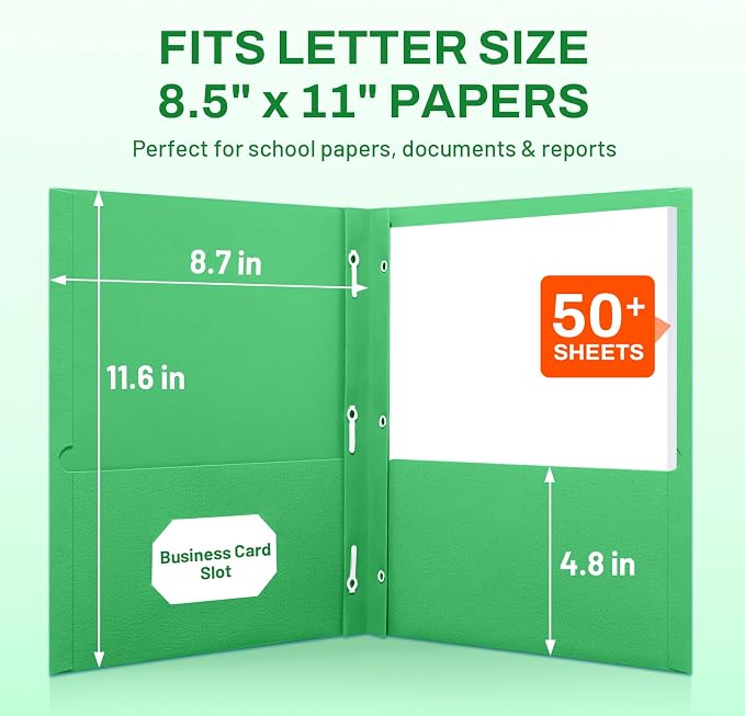 SUNEE 2 Pocket Folders with Prongs (25 Pack, Green), Paper Folders with 2 Pockets and 3 Prongs Fit Letter Size Paper, Folders with Prongs for School Office Home Business