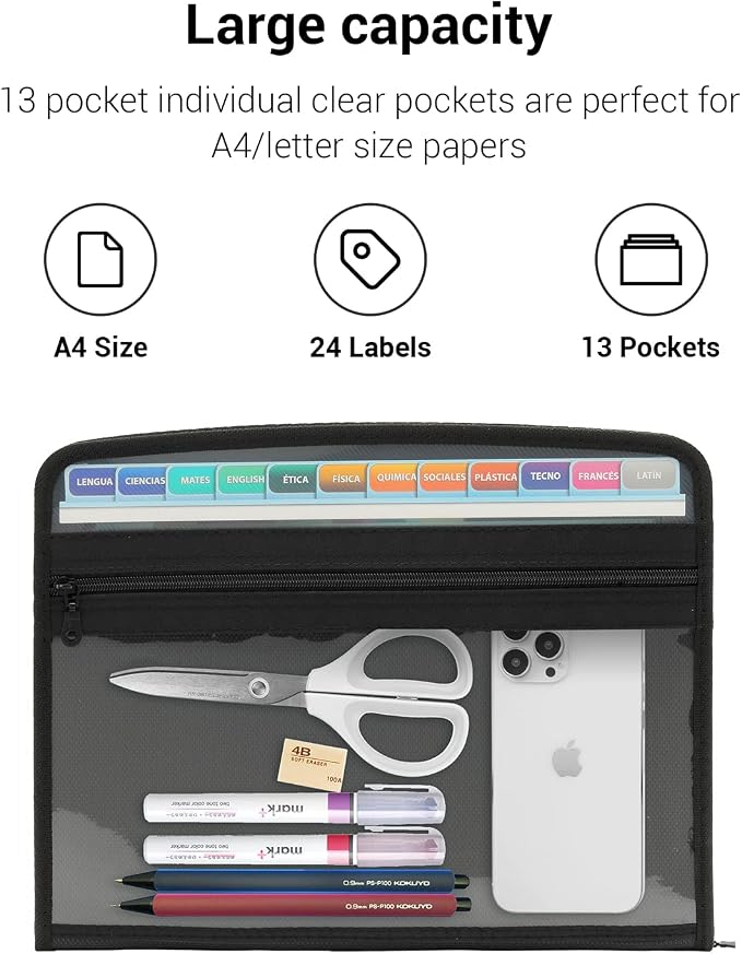 Mukawa 13 Pocket Expanding File Folder, Zippered Accordion File Organizer with Front Clear Pounch, Expandable Filing Folders for Documents, Papers Letter Size, Black