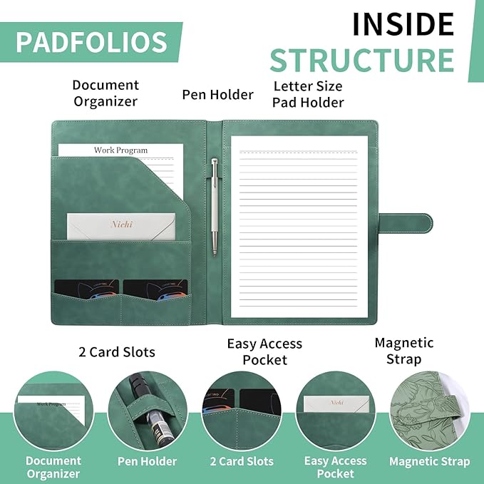 Professional Padfolio Portfolio Binder, Textured Embossing Faux Leather Folder Organizer for Letter Size Legal Pad Notepad Resume, Card Holder for Women Men Business Office Conference (Green)。