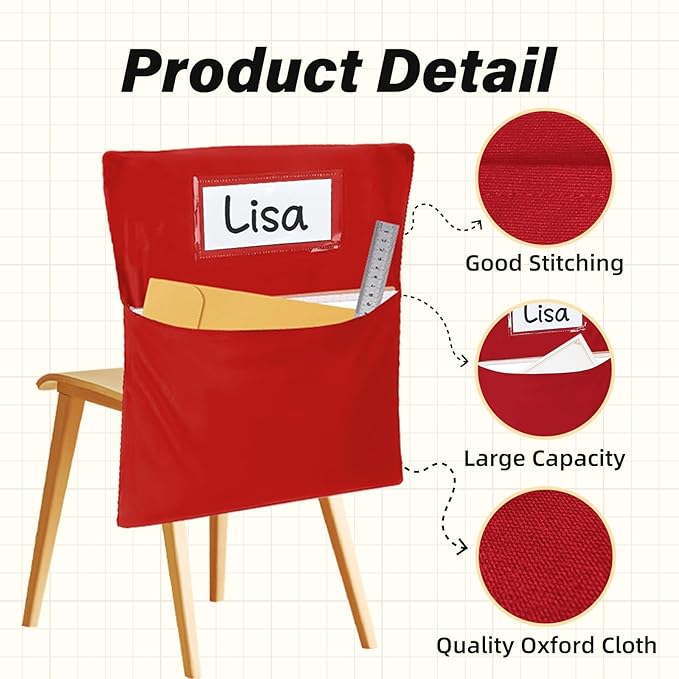24 PCS Chair Pockets for Classroom 20 x 17 Inch Colorful Large Chairback Storage Pockets for Classroom Students with Name Tag Classroom Organizer for Keeping School Table Organized