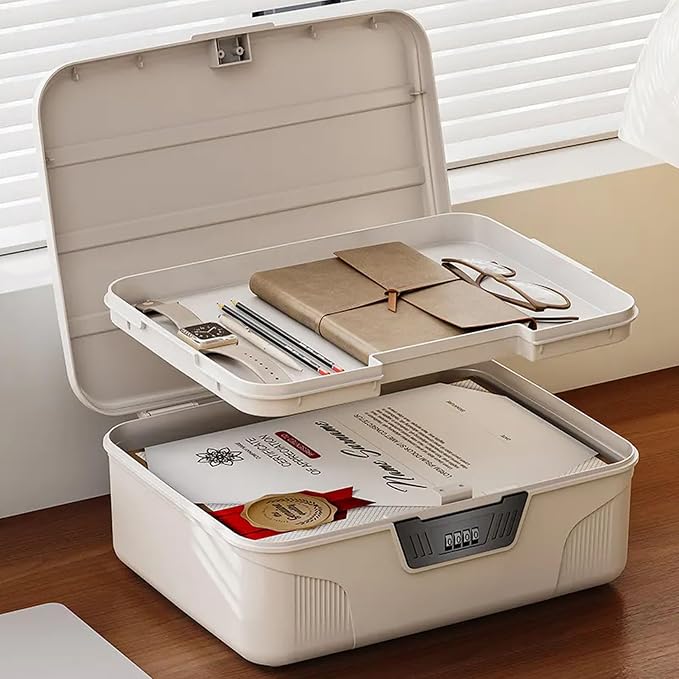 Lockable Storage Containers Plastic Lock Box Storage Container Versatile Organizer with Changeable Lock for Dorm School Home Office Travel Business (White, Medium)