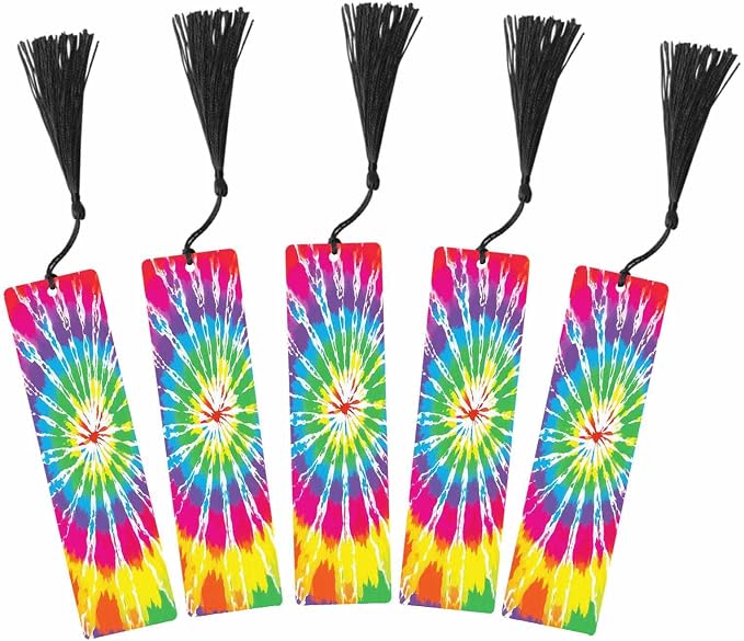 Tie Dye Bookmarks Set 5 with Tassels Rainbow Rendering Wooden Bookmarks for Reading Women Men Students Teachers School Supplies