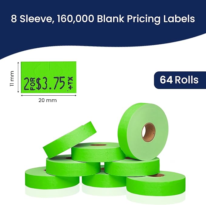 Perco Fluorescent Green Pricing Labels for Monarch 1131 8 Sleeves, 64 Rolls Value Pack - 160,000 Labels with Ink Rolls Included