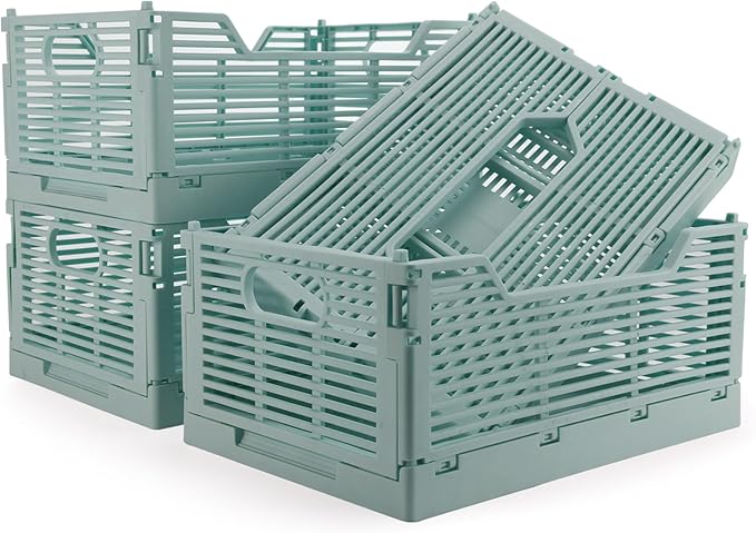 4-Pack Plastic Crates for Storage, Collapsible Storage Crates Stackable, Space-Saving Foldable Crate for Home Kitchen Classroom Office Bedroom Bathroom (15.75"x11.81"x6.1", Blue)