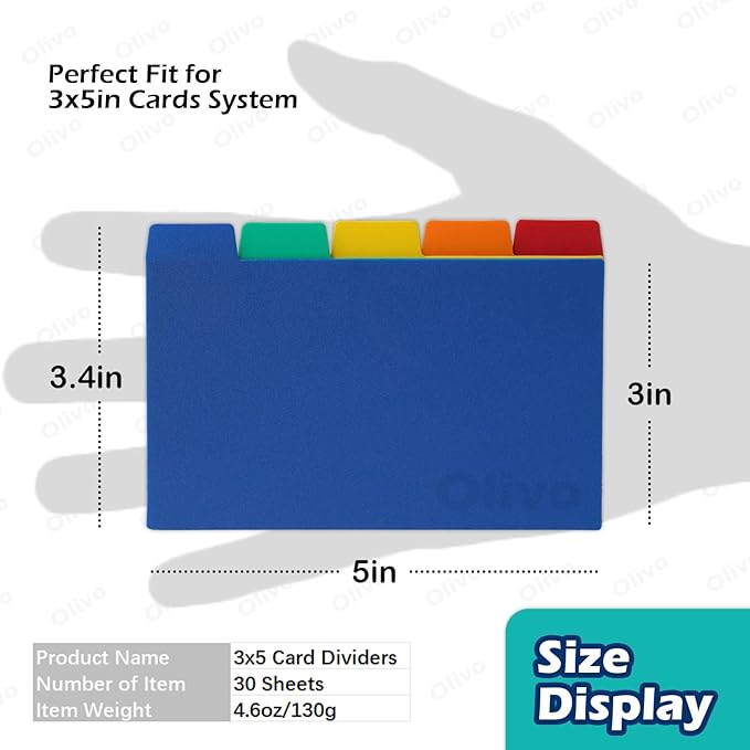 Olivo Index Card Dividers Tabs 3x5 Poly Plastic Card File Guides 3" x 5", Colored, 30 Pack