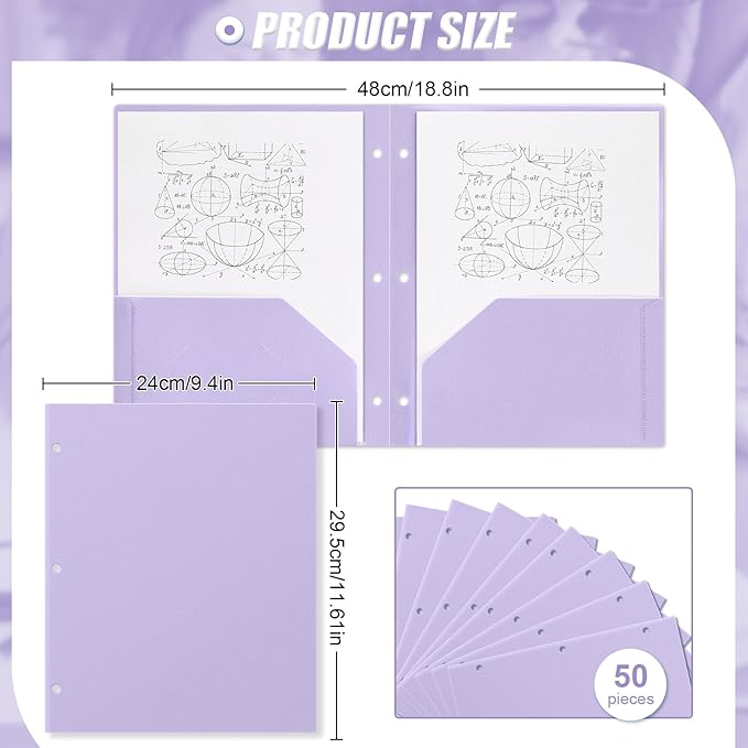 Yeaqee 50 Pcs Plastic Folders with Pockets Bulk 3 Hole Punched 2 Pocket File Folders for 3 Ring Binder Divider Folder for Notebooks, Durable Poly for Office Home (Light Purple)