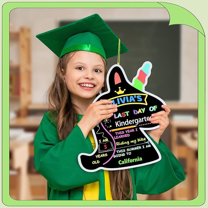 First and Last Day of School Board Reusable, Back to School Chalkboard Sign, Double Sided Preschool Kindergarten Signs for Kids Girls Boys (Cute Unicorn)