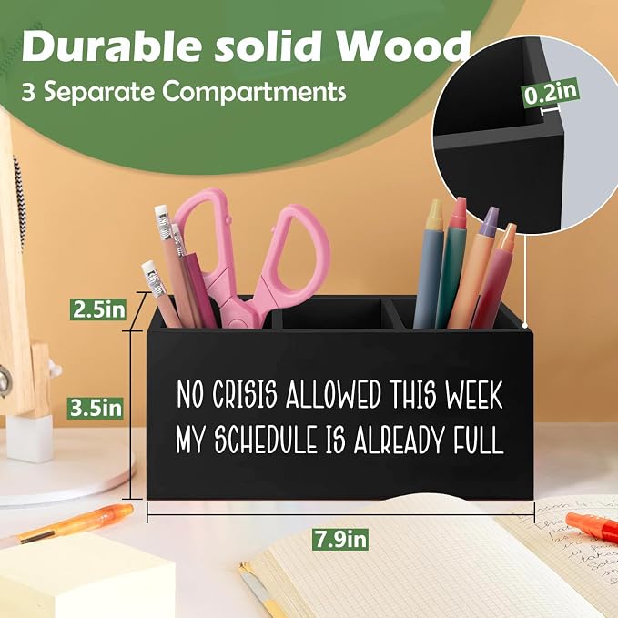 Funny Office Decor Wooden Pen Pencil Holder, Humorous Funny Office Gifts for Coworkers Women Men, No Crisis Allowed This Week Sign Desk Organizer for Desk Table