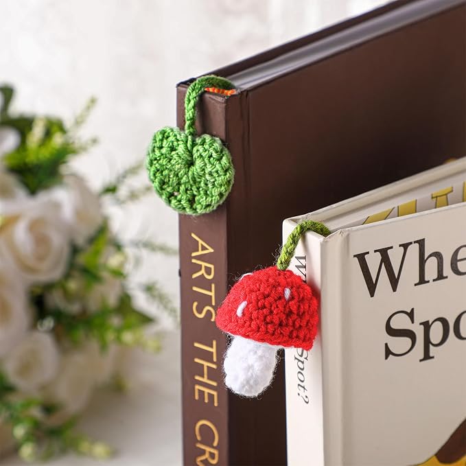6 Pcs Crochet Bookmarks Mushroom Plant Handmade Knitted Bookmarks Crochet Page Markers Curtain Tiebacks Appreciation Gifts for Readers Teachers Mother Book Lovers Cottagecore Decor