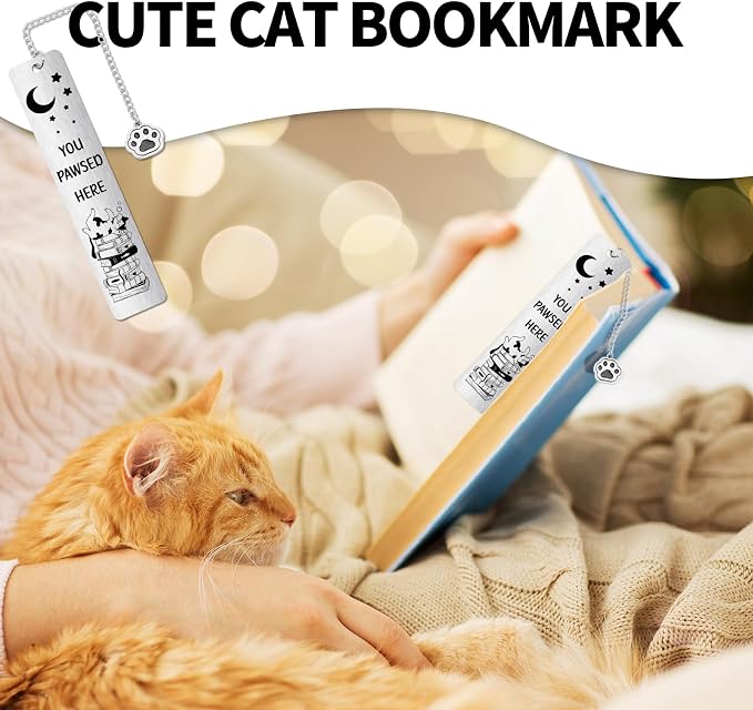 Cat Bookmark Gift for Cat Lovers, Cute Sleeping Kitten Metal Book Mark You Pawsed Here Bookmark Reading Accessories for Women Men Friends Readers Club Gift