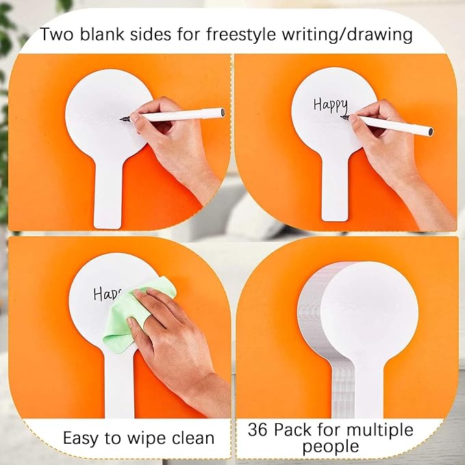 Gueevin 36 Pcs Dry Erase Paddles for Classroom, Double Sided Handheld White Boards, 5 x 9 Inches Small Round Flip Answer Boards for Students Classroom Quick Response Bidding Voting Games