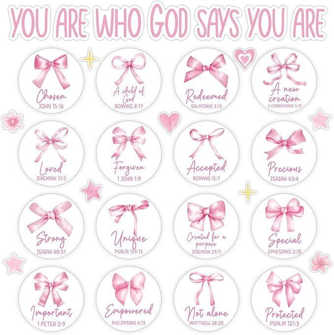 Christian Bulletin Board Decorations Inspirational Bulletin Board Set Pink Bow God Says You are Religious Classroom Wall Decor VBS Motivational Cutouts for Sunday School Home Church Supplies