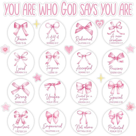 Christian Bulletin Board Decorations Inspirational Bulletin Board Set Pink Bow God Says You are Religious Classroom Wall Decor VBS Motivational Cutouts for Sunday School Home Church Supplies