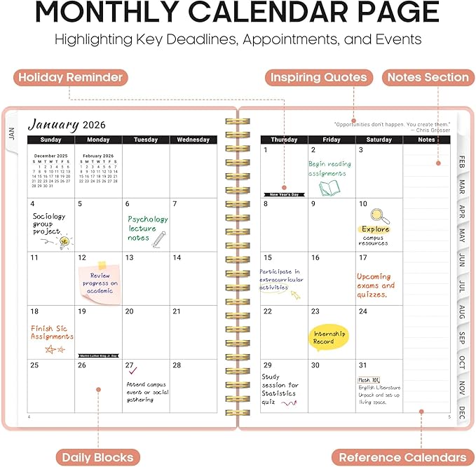 2026 Planner, Weekly and Monthly Calender Planner, Jan 2026 to Dec 2026, Hardcover 2026 Calendar Book with Tabs & Inner Pocket, Office Home School Supplies for Women & Men - A5 (6.3" x 8.5"), Pink