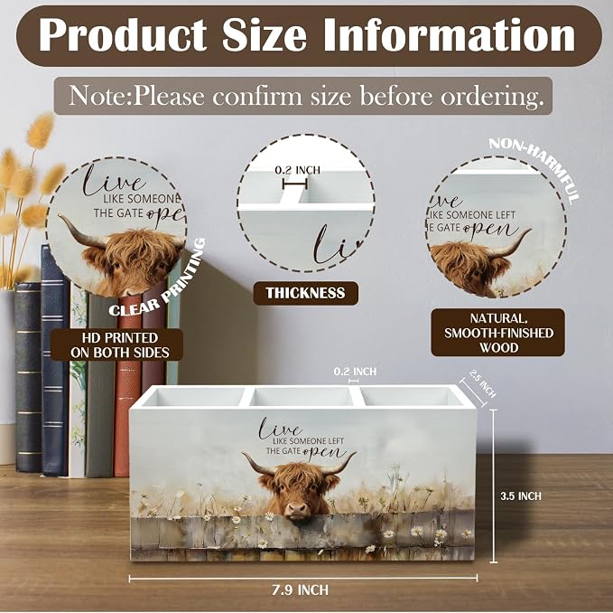 Highland Cow Farmhouse Pen Holder for Desk, Highland Cow Gifts Pencil Organizer, Live Like Someone Left the Gate Open Wooden Box Sign Desk Decor for Office Home Decoration