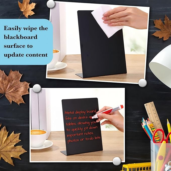 Fainne 2 Pcs Magnetic Bulletin Board with Easel Stand Mini Black Magnet Metal Tabletop Memo Display Board for Back to School Menu Table Office Supplies (6 x 8 Inches)