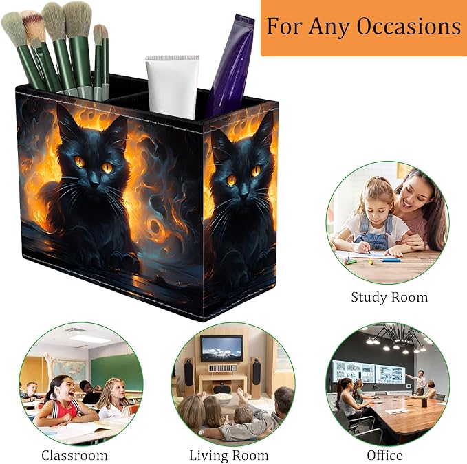 Pen Holder for Desk, PU Leather Multifunctional Desktop Storage Box and Anti-Slip Mouse Pad Set, Makeup Brush Holder Pen Organizer for Office and Home - Luminous Black Cat