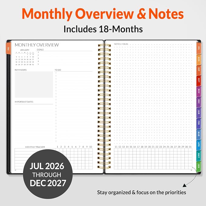 SUNEE Monthly Planner 2026-2027 - 18 Months Calendar Planner from Jul 2026 to Dec 2027, 7"x10" Yearly Planner with Tabs, Spiral Binding, Organizer for School Office Home, Black