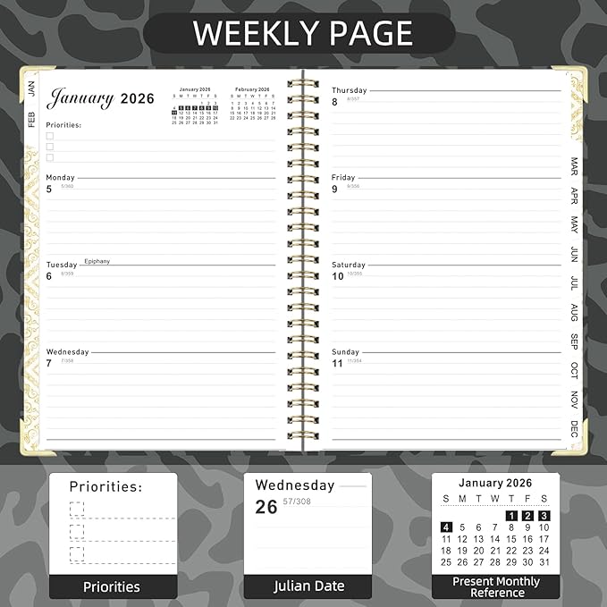 2026 Planner, Jan.2026 - Dec.2026 Planner Weekly and Monthly 6.25"x8.5" with Page Tabs, Calendar Hardcover with Inner Pocket, Elastic Band,Twin-Wire Binding,Bookmark, Black Leopard
