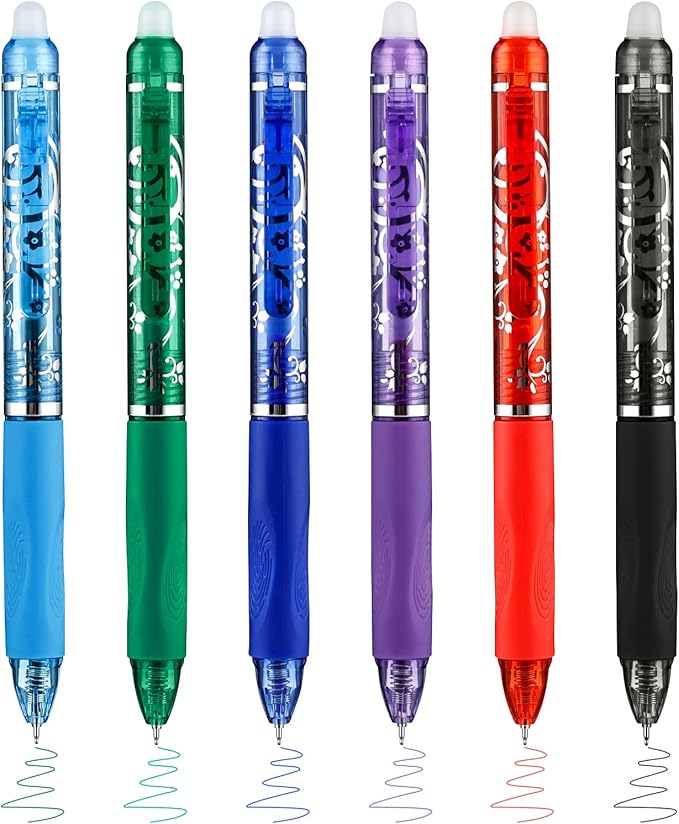 6 Colors Retractable Erasable Pens, Colored Gel Ink Pens Clicker with Erasers, 0.5mm Fine Point Smooth Writing Pen for Journaling Note-Taking Crossword Puzzles Supplies (Multicolor)
