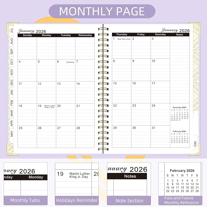 2026 Planner, Jan.2026 - Dec.2026 Weekly Monthly Planner 6.25"x8.5" with Page Tabs, Calendar Hardcover with Inner Pocket, Elastic Band, Twin-Wire Binding, Bookmark, Purple Love Heart
