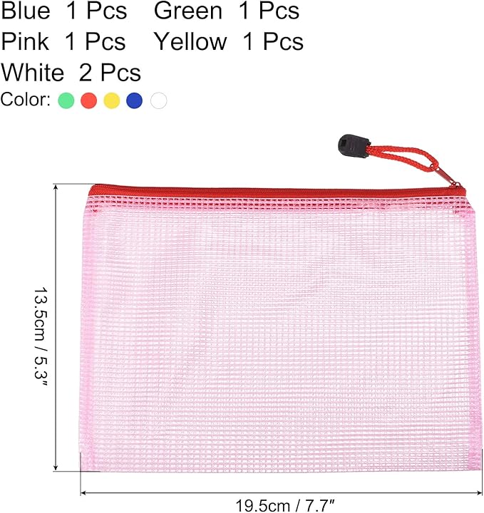 MECCANIXITY Mesh Zipper Bags, B6 Size Paper Document File Bill Pouch Folders for Office Home Supply, Assorted Colors Pack of 6